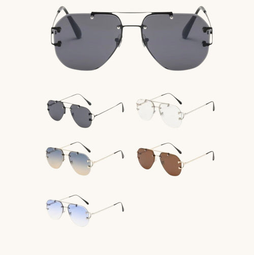 Luxray CO Horseshoe Aviator sunglasses with dark grey, gradient blue, clear, and brown lenses. Metal frame with double bridge and horseshoe detail.