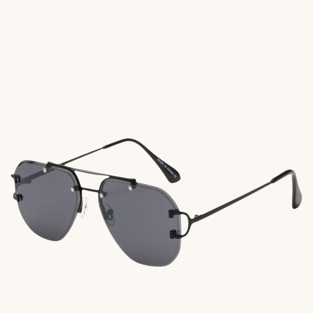 Luxray CO Horseshoe Aviator sunglasses with dark grey lenses, black metal frame, double bridge, and horseshoe temple accents.