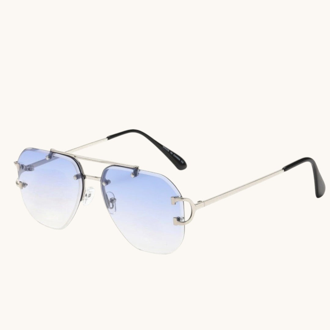 Luxray CO Horseshoe Aviator sunglasses with silver metal frame, double bridge, and gradient blue lenses.