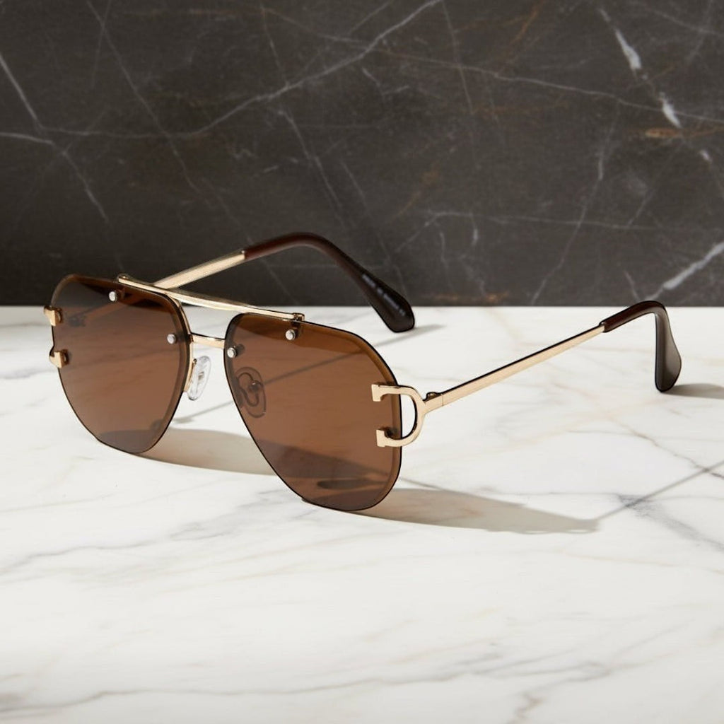 Luxray CO Horseshoe Aviator sunglasses with gold metal frame, brown lenses, and horseshoe detail on temples. UV400 protection.
