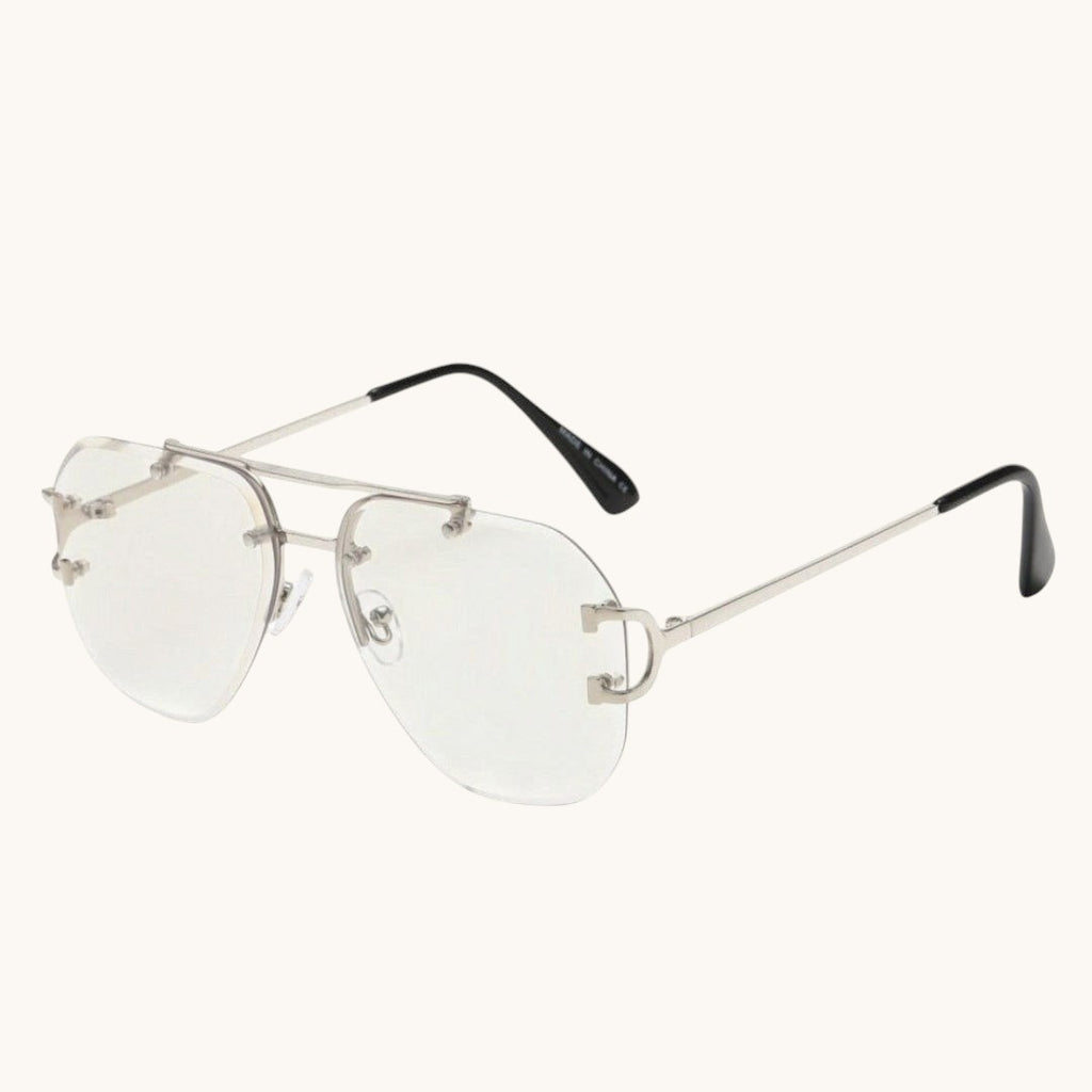 Luxray CO Horseshoe Aviator rimless sunglasses with silver metal frame, double bridge, and clear lenses.