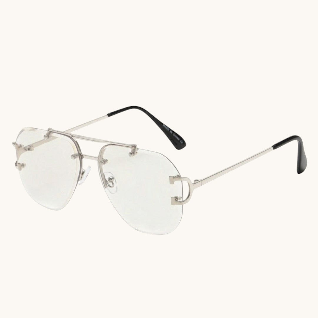 Luxray CO Horseshoe Aviator rimless sunglasses with silver metal frame, double bridge, and clear lenses.